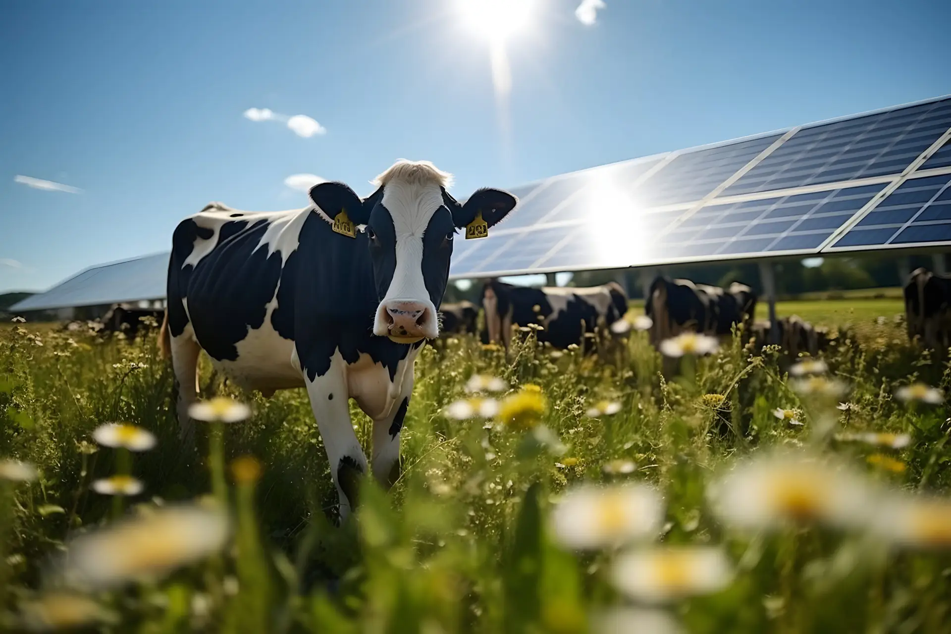 a cow standing in a field with solar panels