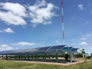 a solar panels under a tower